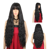 26 Inch Black Wig with Bangs Synthetic Long Curly Wavy Wigs Natural Long Loose Wig Party Cosplay
