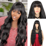 26 Inch Black Wig with Bangs Synthetic Long Curly Wavy Wigs Natural Long Loose Wig Party Cosplay