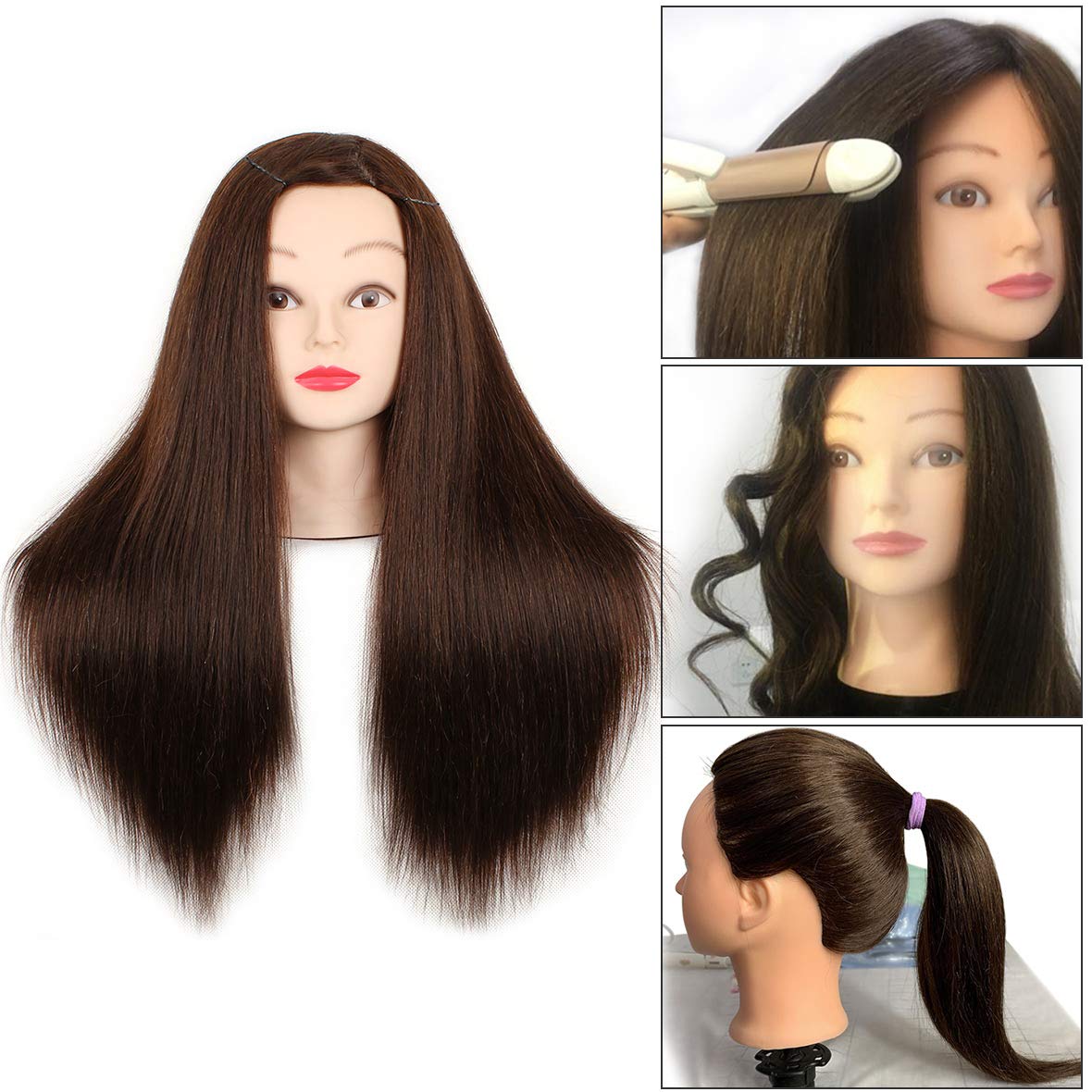 20 inch 60% Human Hair Training Practice Head Styling Dye Cutting Mannequin Manikin Head with Free Clamp Holder Brown Hair Doll Head
