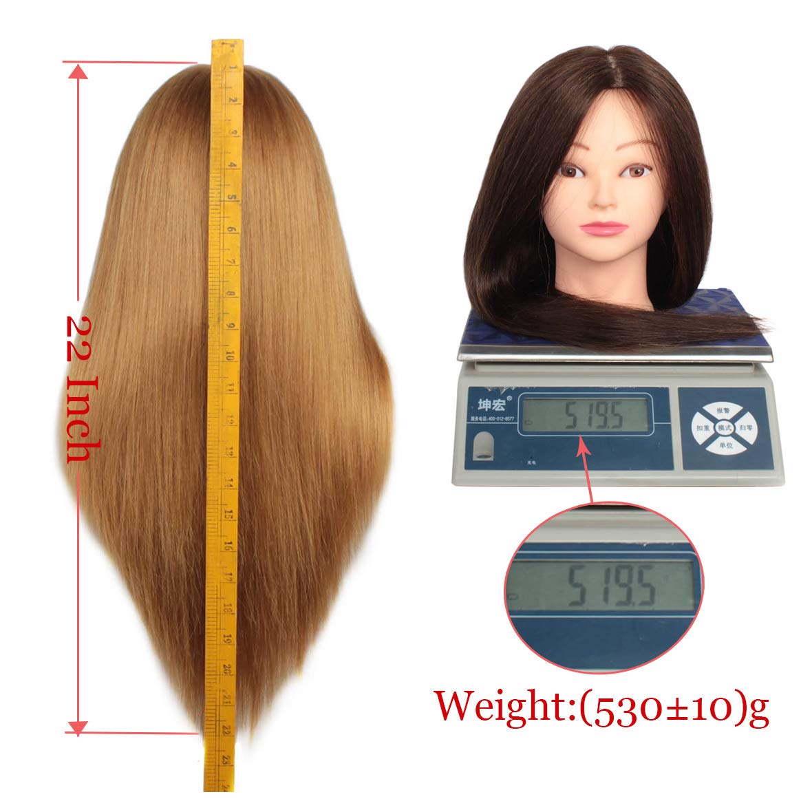 20 inch 60% Human Hair Training Practice Head Styling Dye Cutting Mannequin Manikin Head with Free Clamp Holder Brown Hair Doll Head